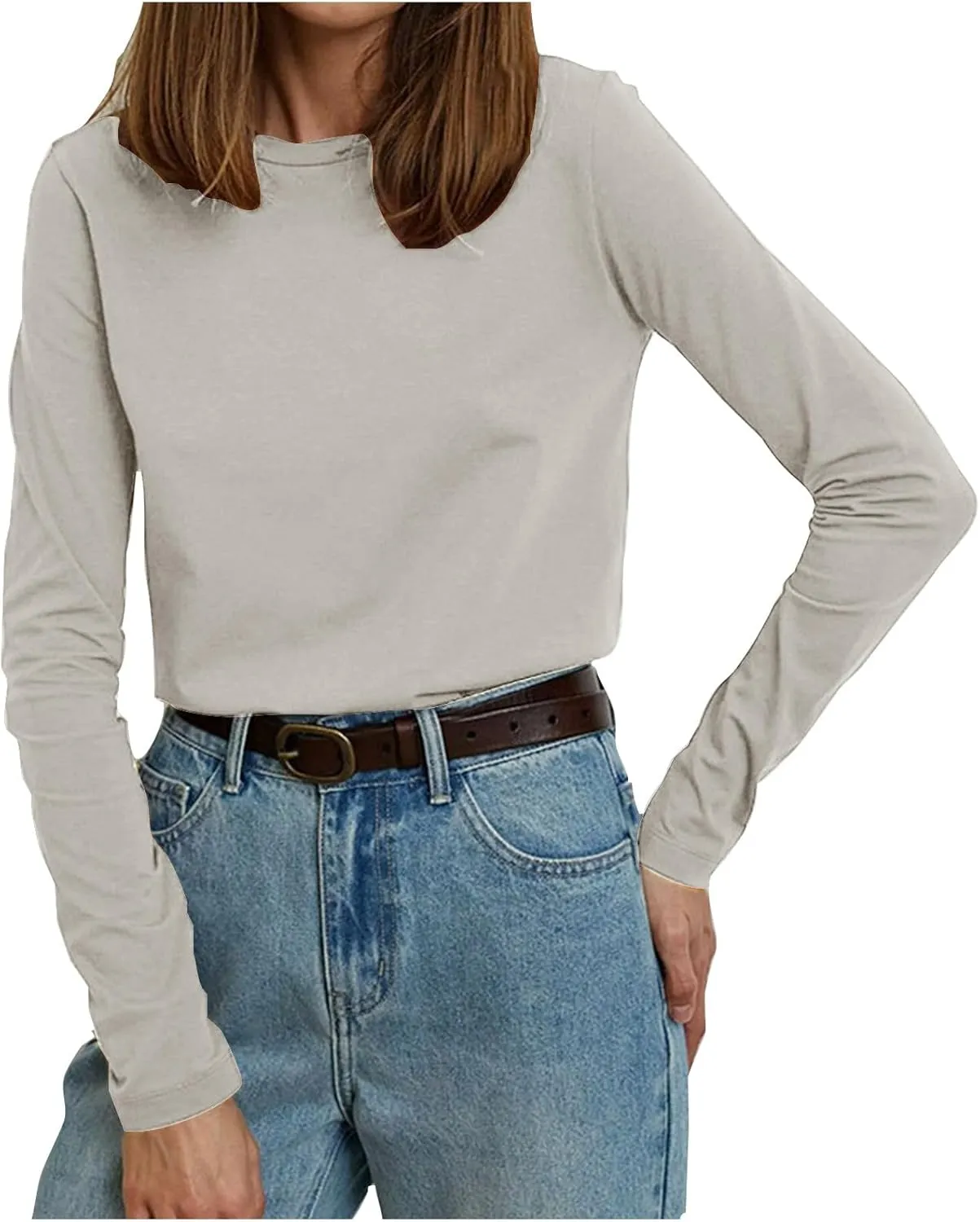 Women's Solid Color Tunic Tops Casual Long Sleeve Shirts Round Neck Pullover Loose Breathable Base Layer Blouse