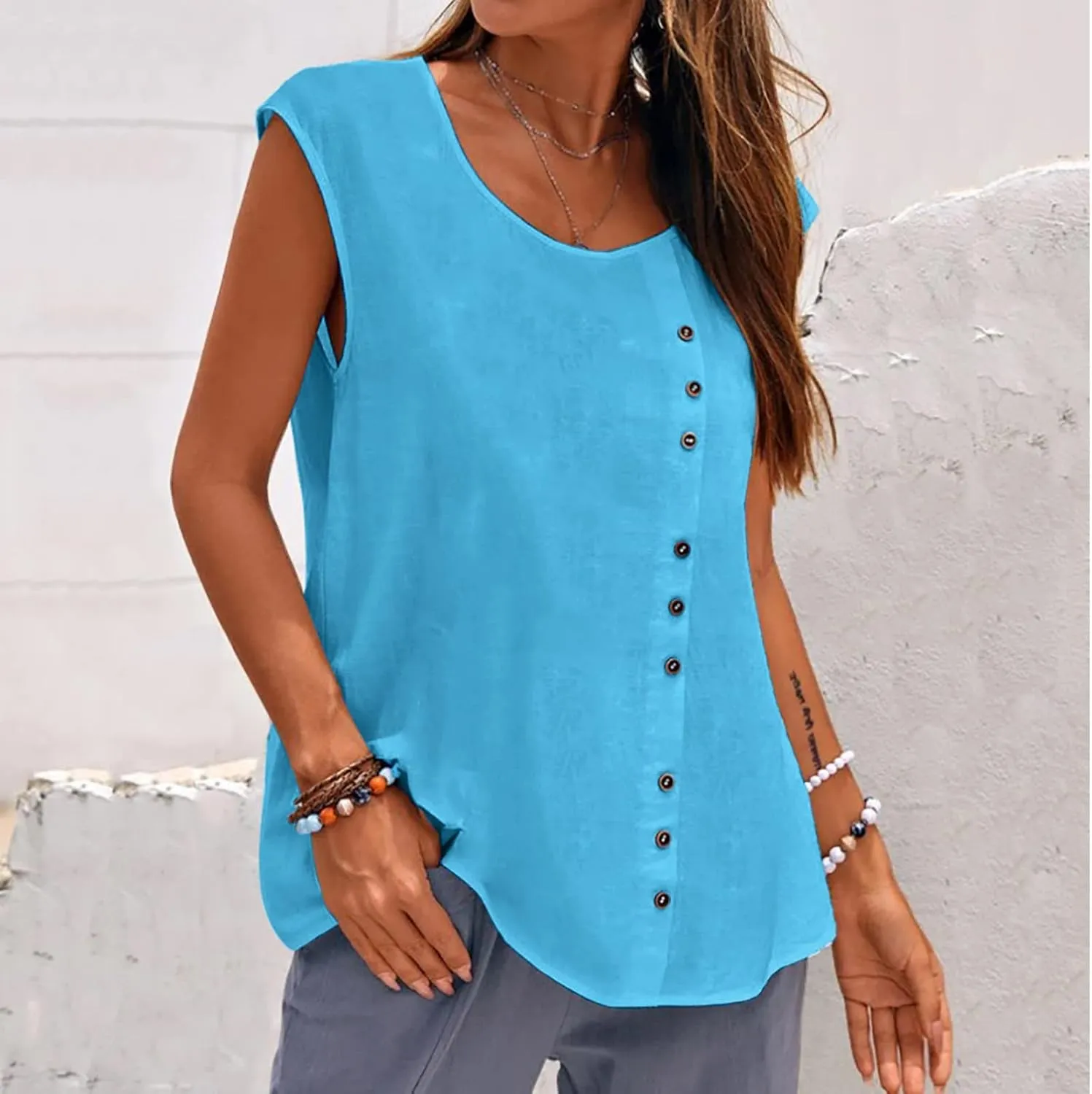 Women's Summer Cotton Linen Crew Neck Tank Tops Summer Loose Fit Casual Sleeveless Basic Tee Shirt Blouses