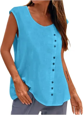 Women's Summer Cotton Linen Crew Neck Tank Tops Summer Loose Fit Casual Sleeveless Basic Tee Shirt Blouses
