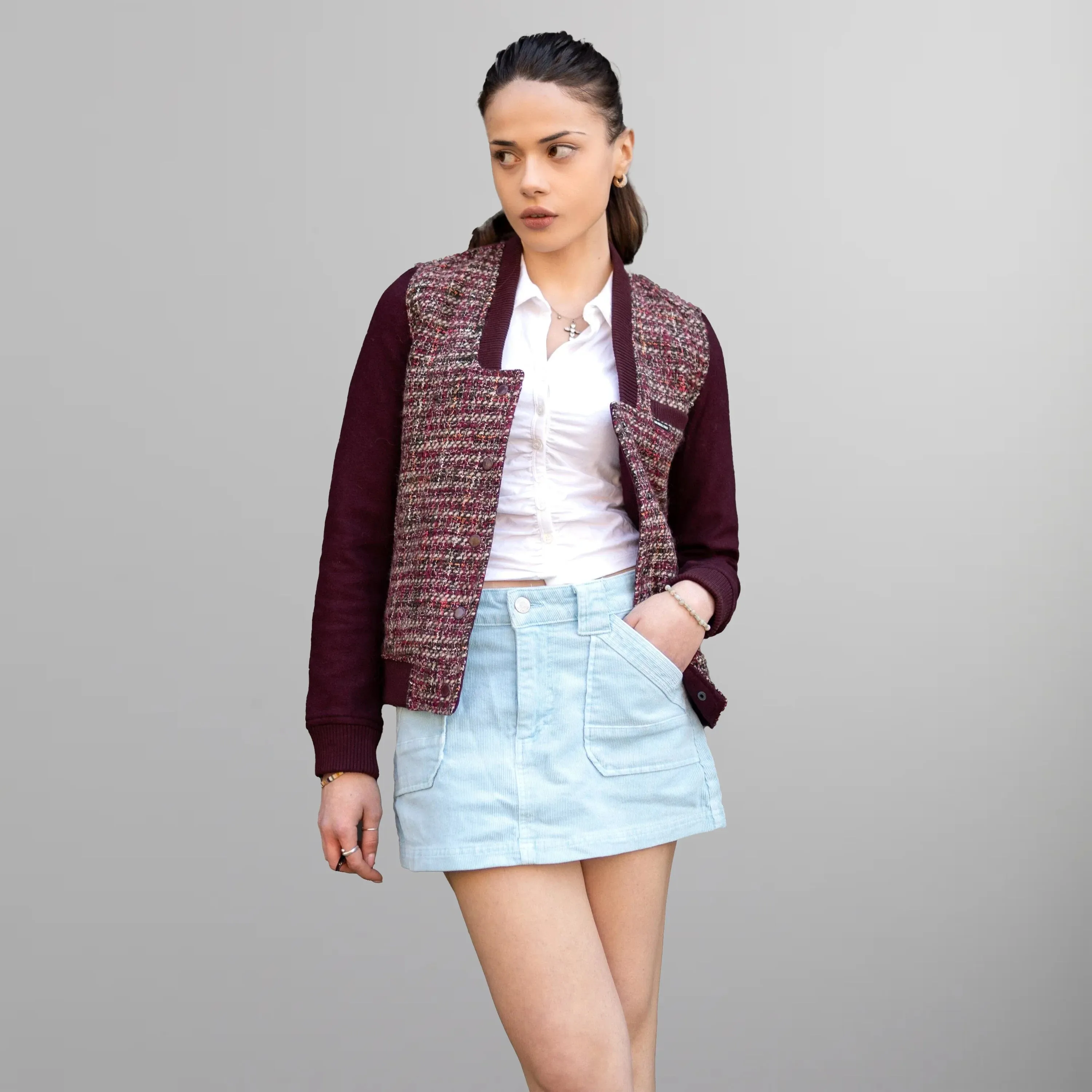 Women's Updated Tweed Varsity Jacket with Contrast Sleeve - FINAL SALE