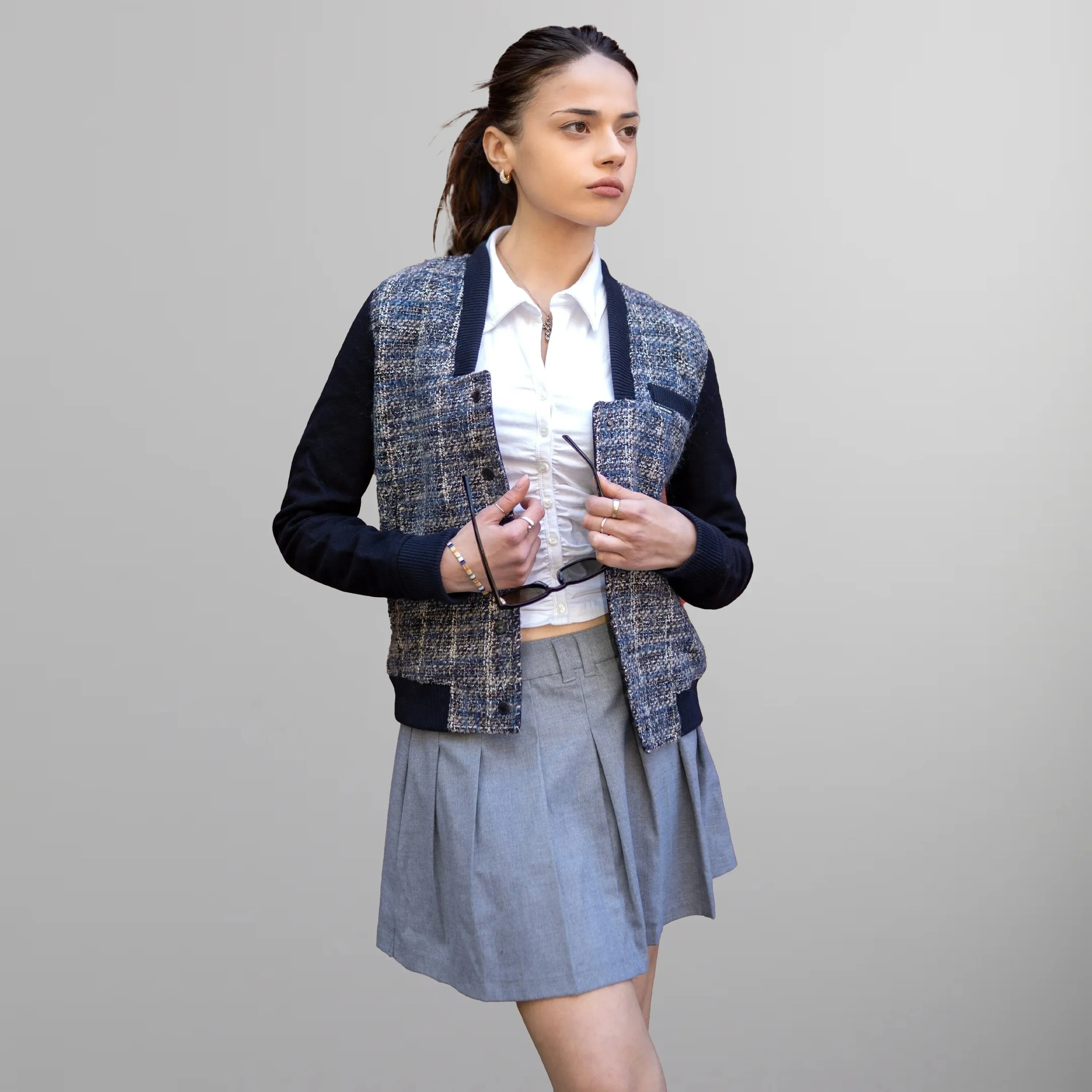Women's Updated Tweed Varsity Jacket with Contrast Sleeve - FINAL SALE