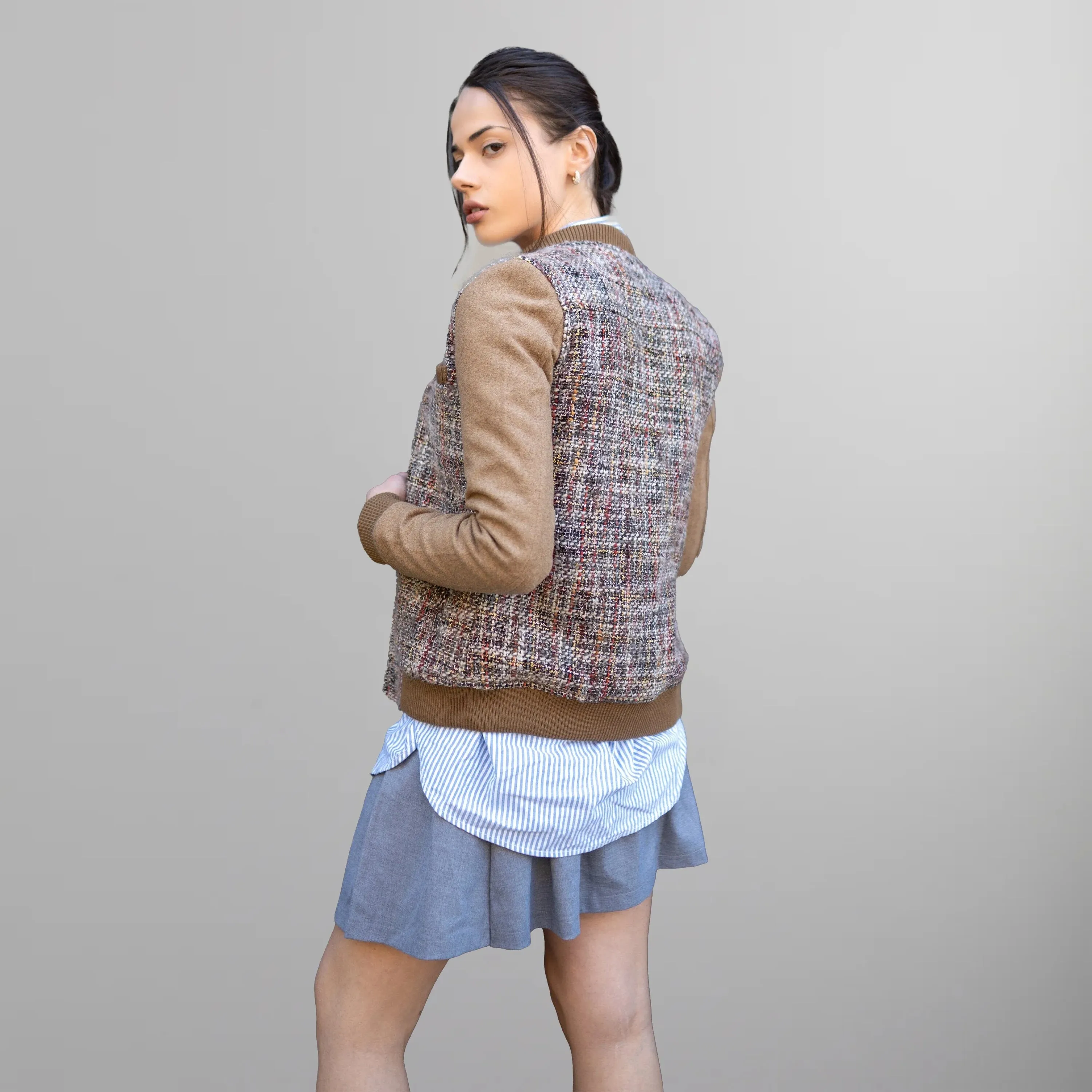 Women's Updated Tweed Varsity Jacket with Contrast Sleeve - FINAL SALE
