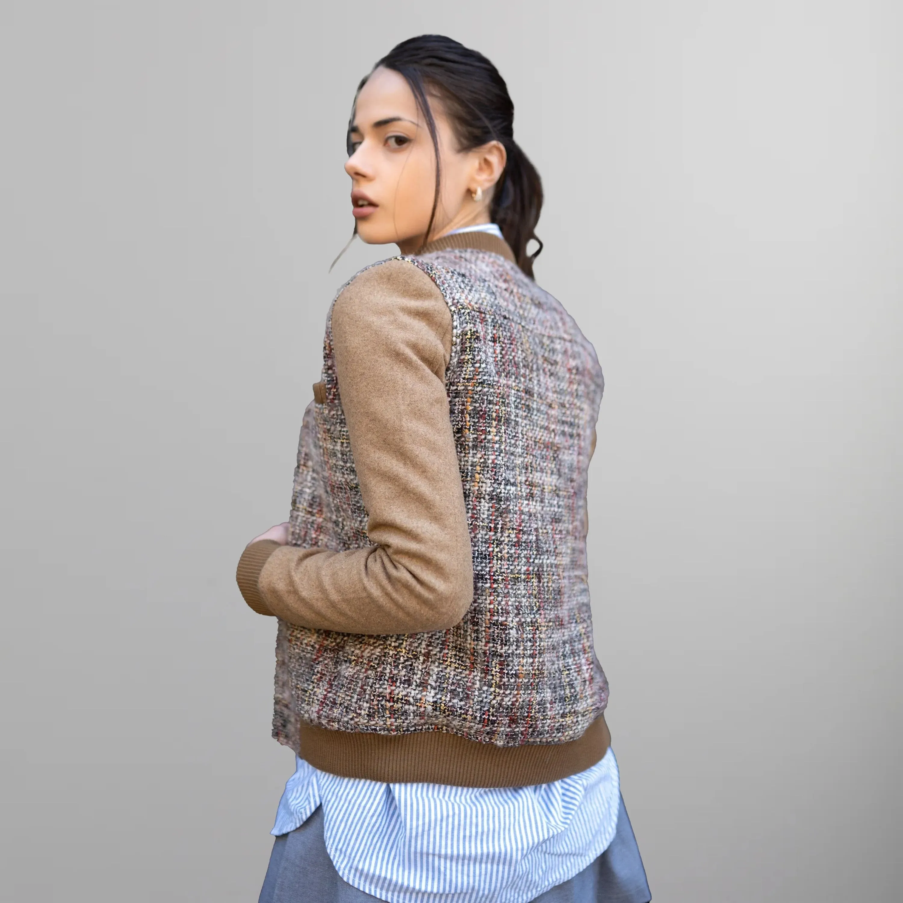 Women's Updated Tweed Varsity Jacket with Contrast Sleeve - FINAL SALE