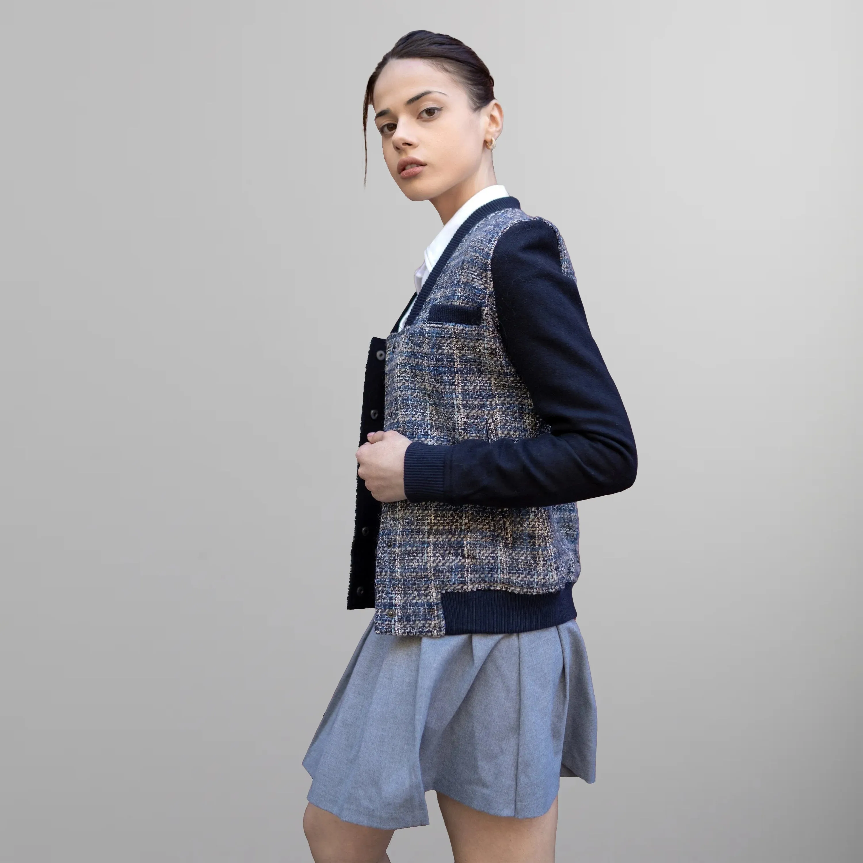 Women's Updated Tweed Varsity Jacket with Contrast Sleeve - FINAL SALE