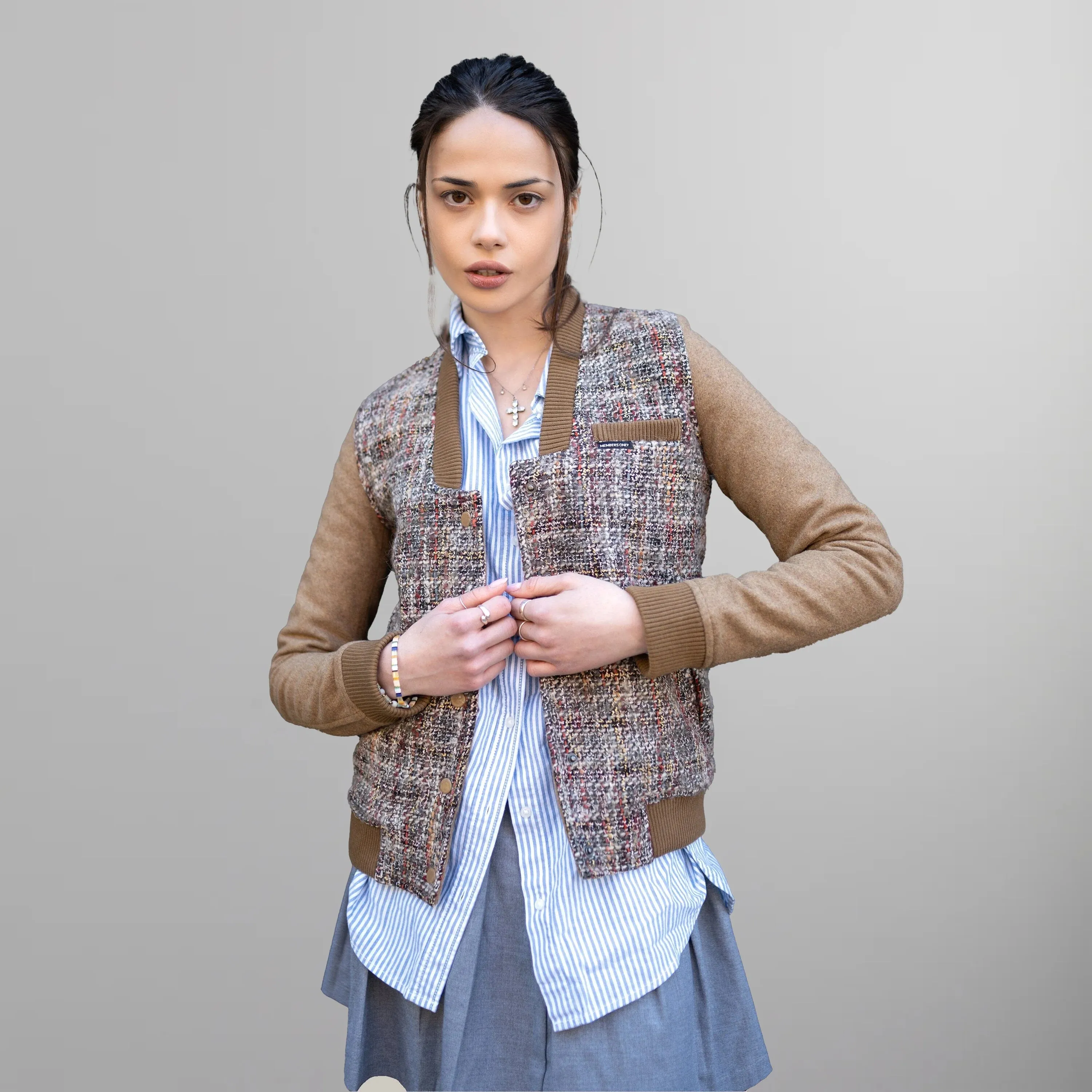Women's Updated Tweed Varsity Jacket with Contrast Sleeve - FINAL SALE