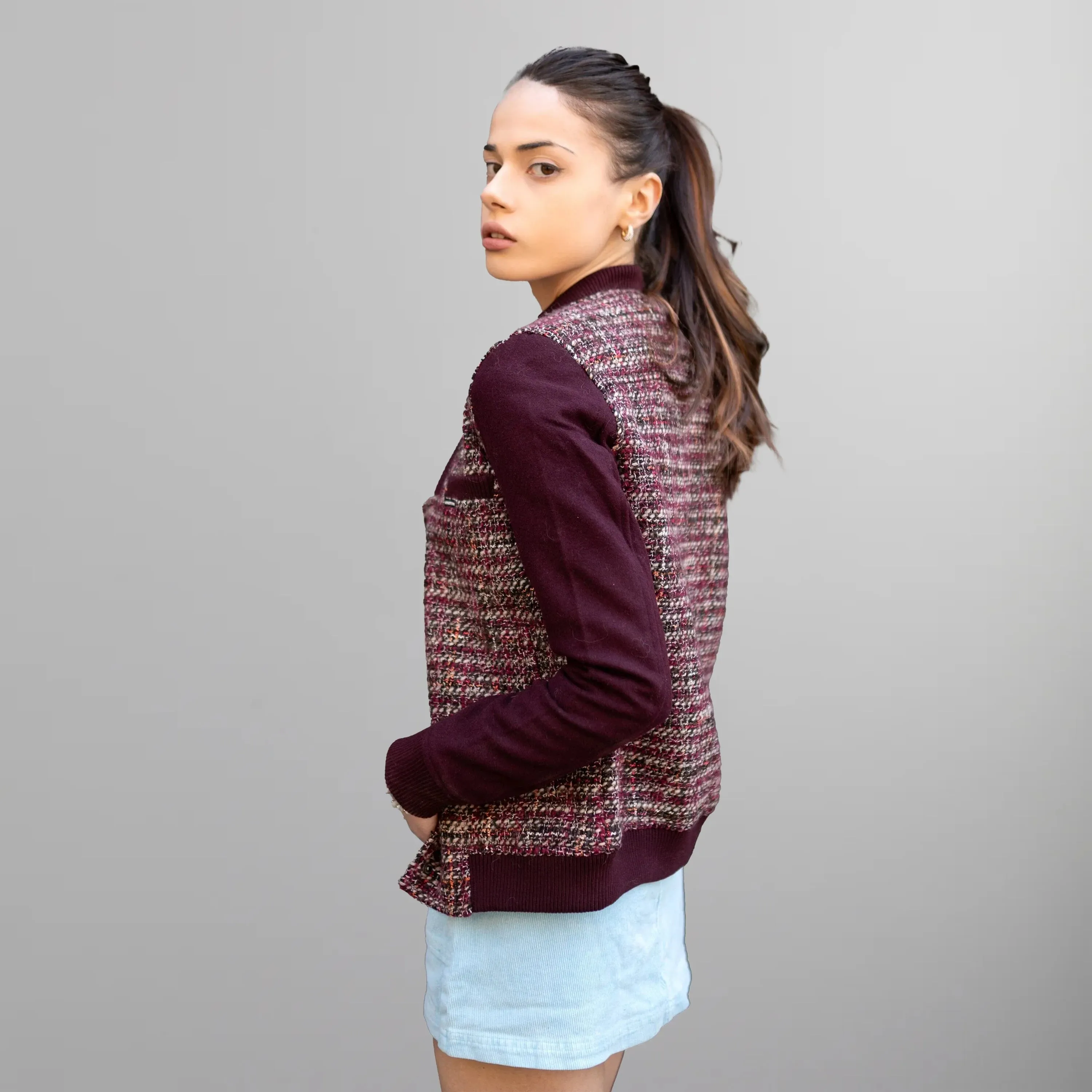 Women's Updated Tweed Varsity Jacket with Contrast Sleeve - FINAL SALE