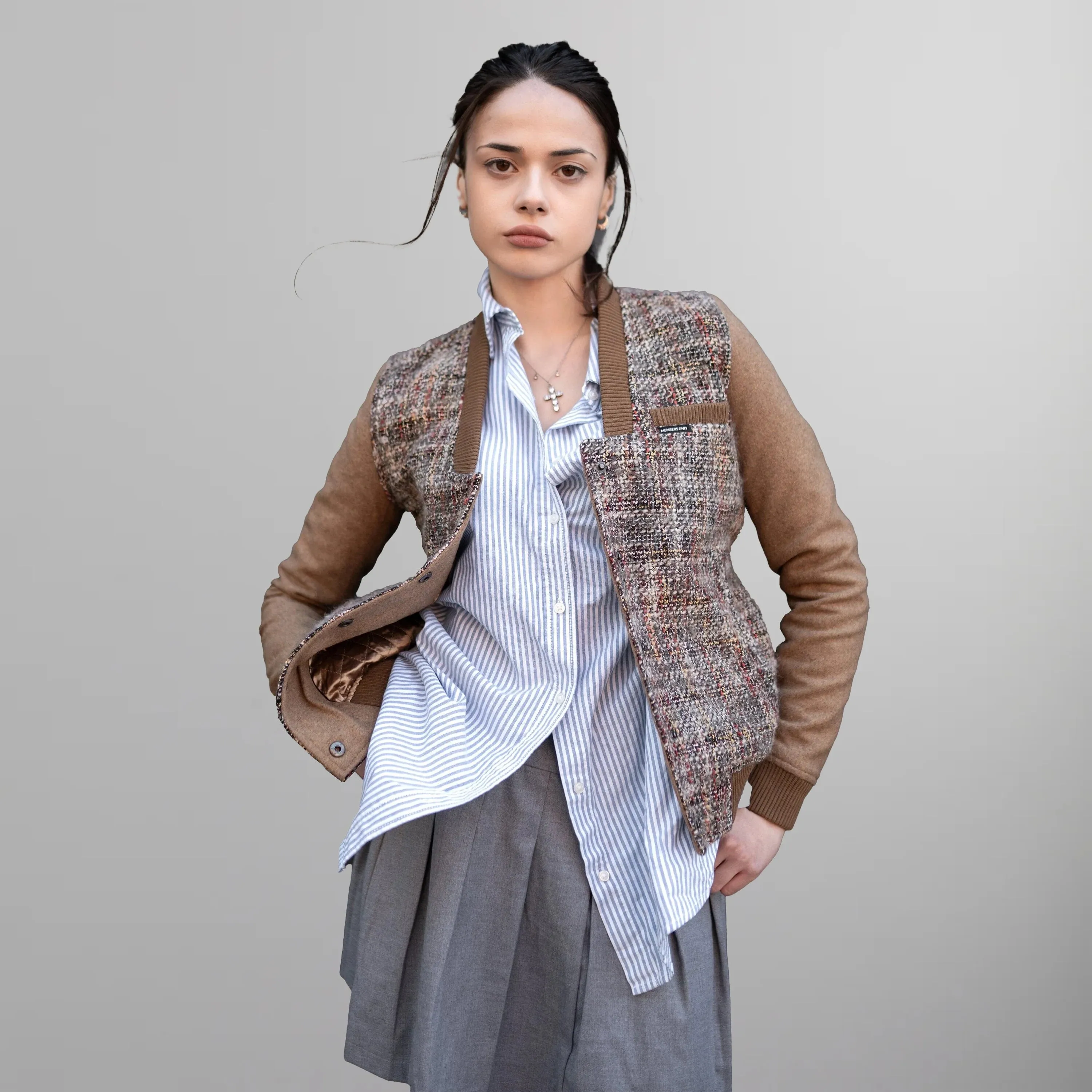 Women's Updated Tweed Varsity Jacket with Contrast Sleeve - FINAL SALE