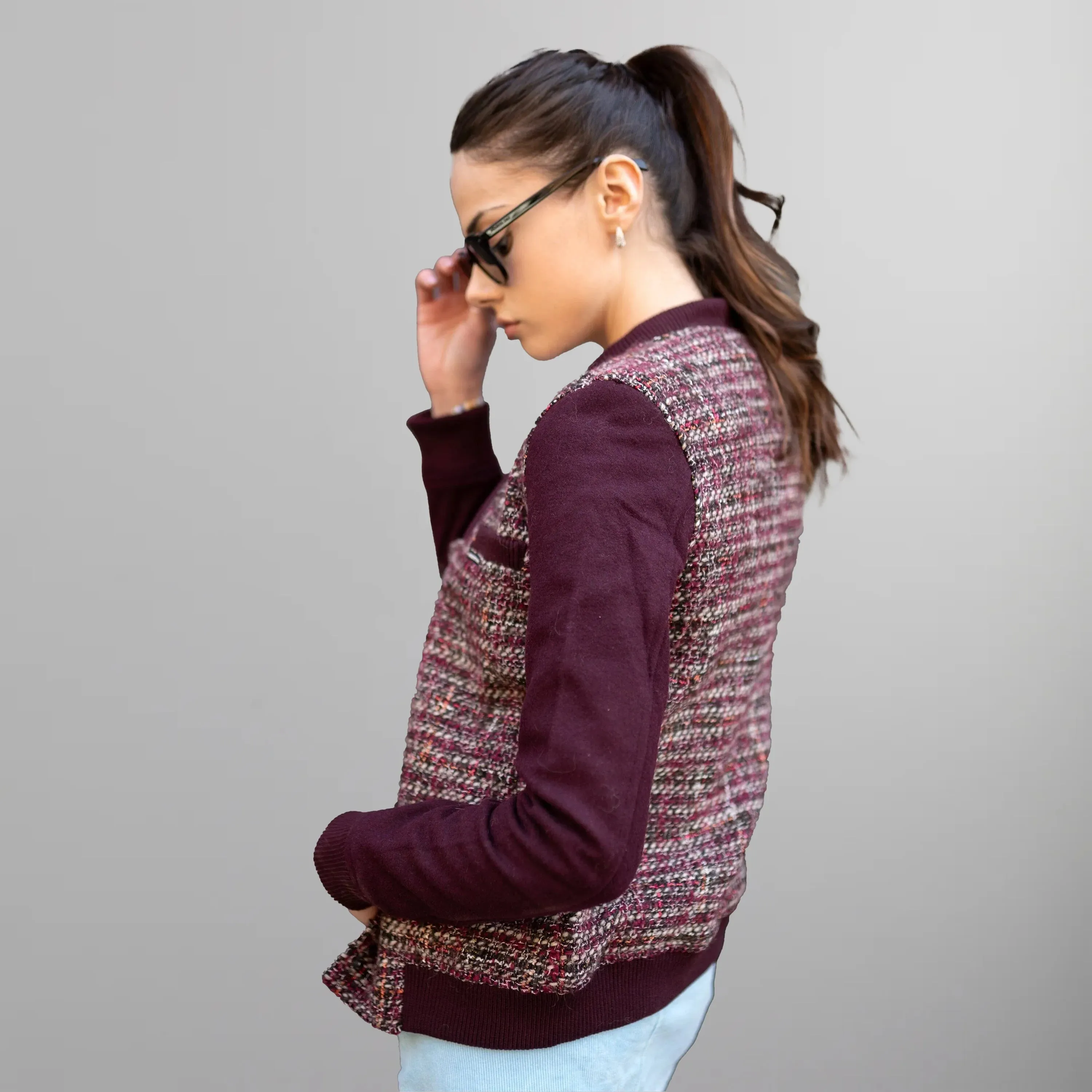 Women's Updated Tweed Varsity Jacket with Contrast Sleeve - FINAL SALE