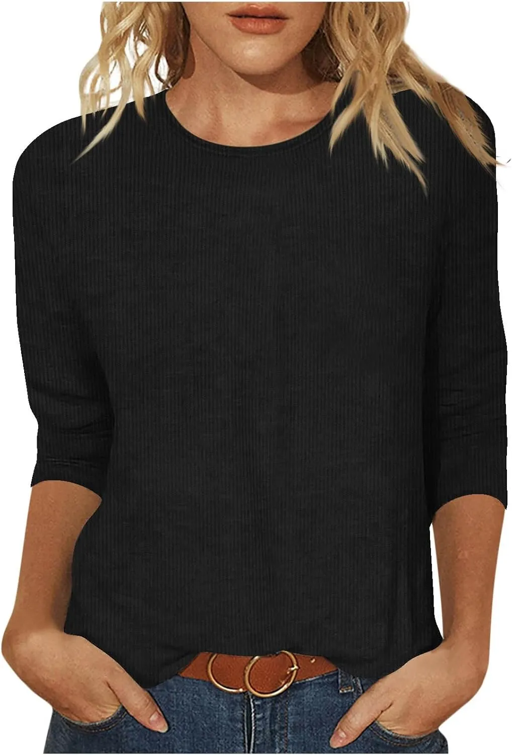 Womens Waffle Tops 3/4 Length Long Sleeve Shirts Spring Tshirt Trendy Casual Crewneck Blouse Loose Fit Basic Tee