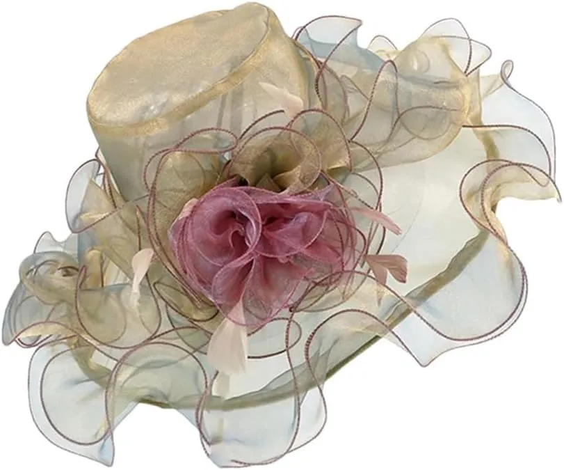 Women's Wide Brim Fedora Summer Organza Sun Hat Elegant Flower Charming Hat