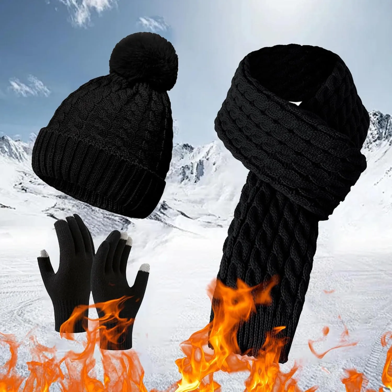 Womens Winter Knit Beanie Hat Long Scarf Touchscreen Gloves Set with Hoodie Lined Pom Skull Cap Gifts for Women