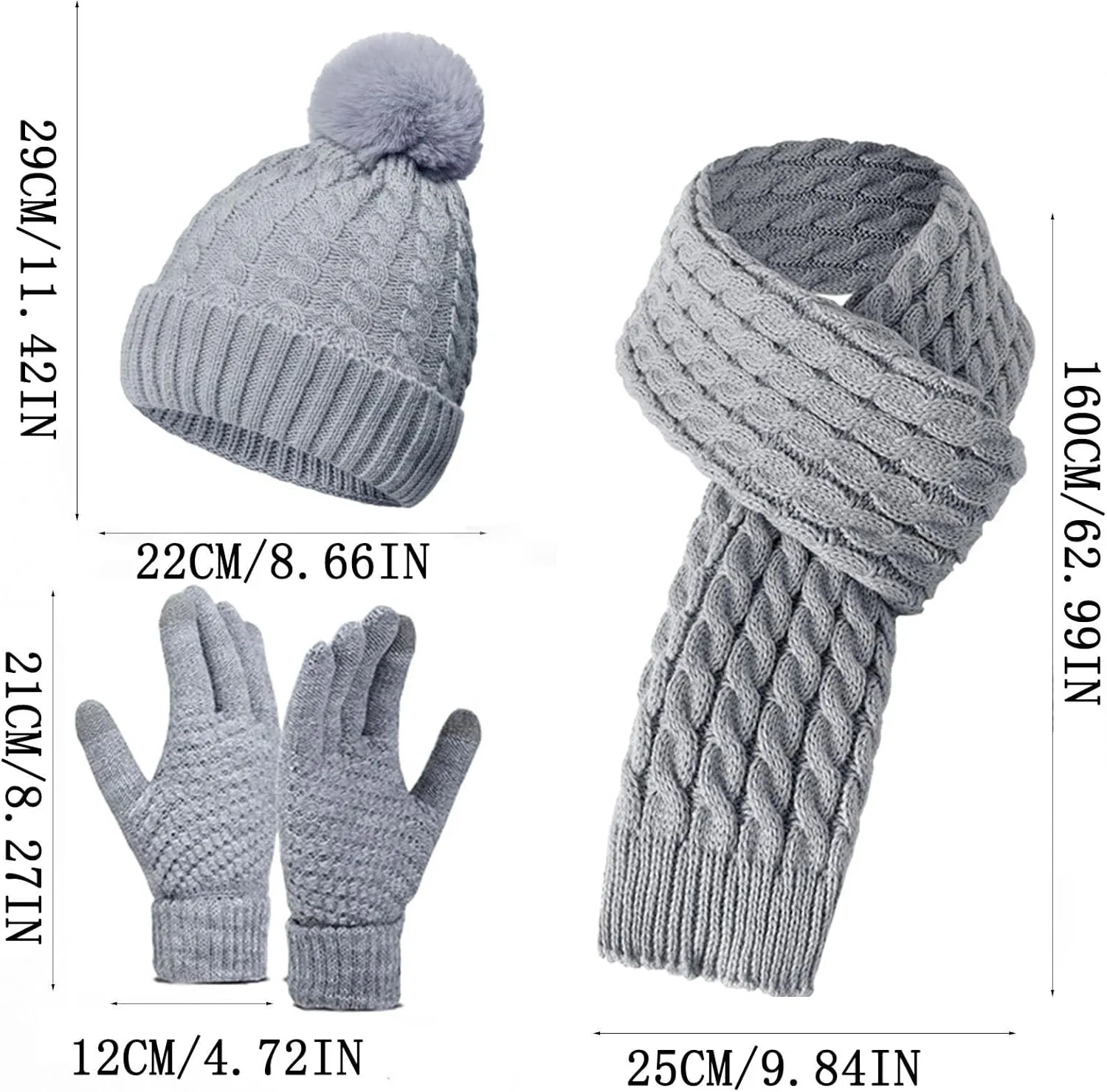 Womens Winter Knit Beanie Hat Long Scarf Touchscreen Gloves Set with Hoodie Lined Pom Skull Cap Gifts for Women