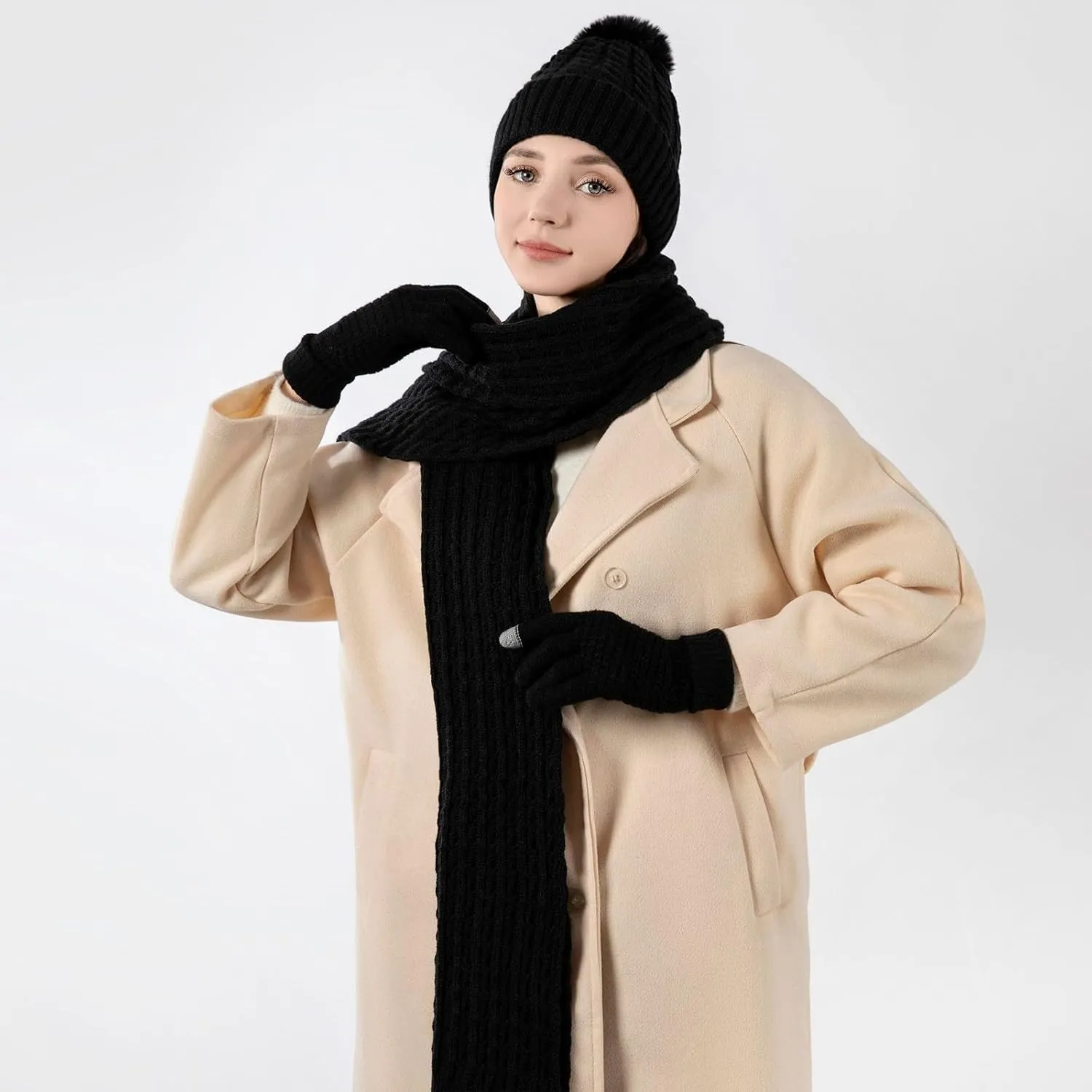 Womens Winter Knit Beanie Hat Long Scarf Touchscreen Gloves Set with Hoodie Lined Pom Skull Cap Gifts for Women