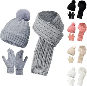 Womens Winter Knit Beanie Hat Long Scarf Touchscreen Gloves Set with Hoodie Lined Pom Skull Cap Gifts for Women