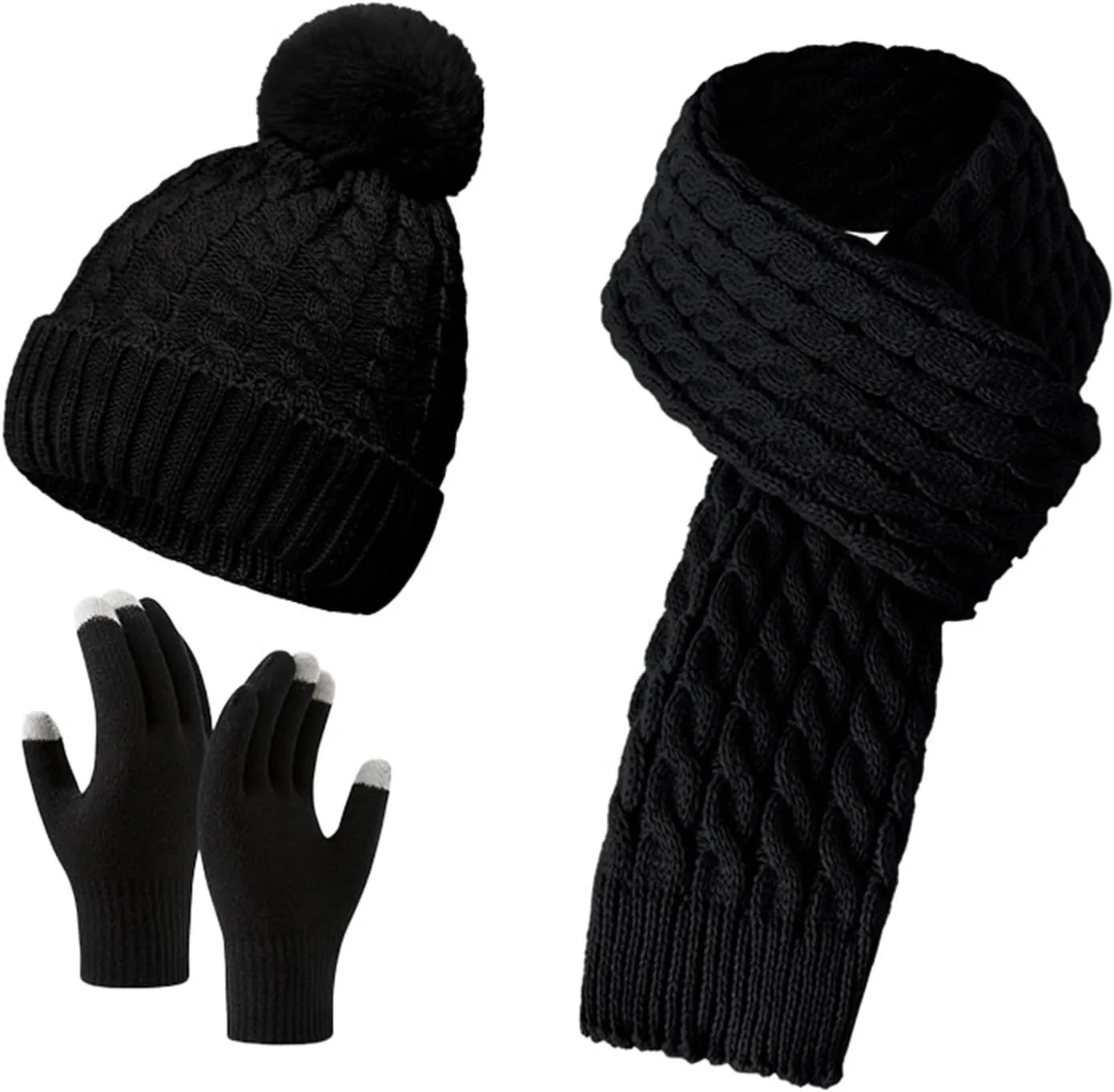 Womens Winter Knit Beanie Hat Long Scarf Touchscreen Gloves Set with Hoodie Lined Pom Skull Cap Gifts for Women