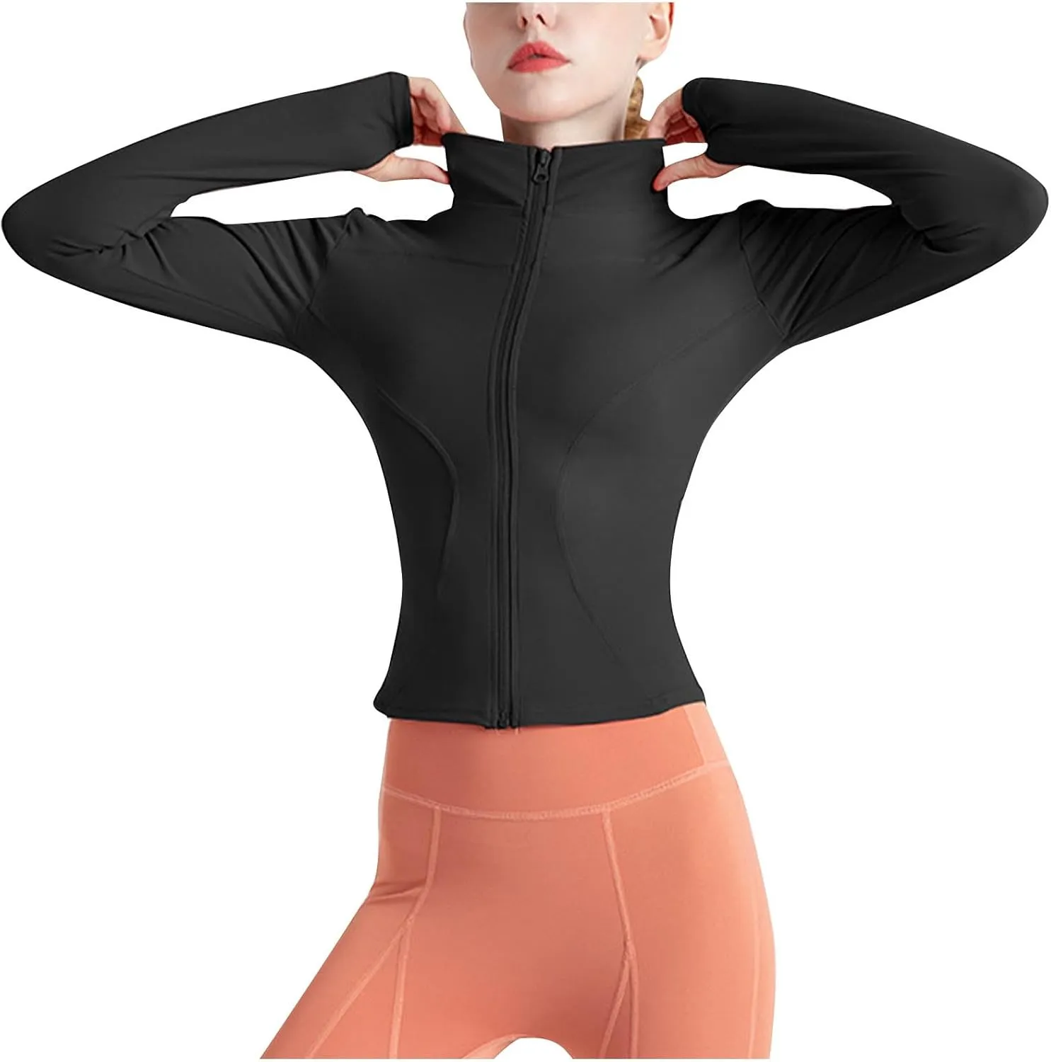Womens Workout Shirts Long Sleeve Quick Dry Yoga Tops Running Breathable Athletic Slim Fit Solid Color Zip Outfits