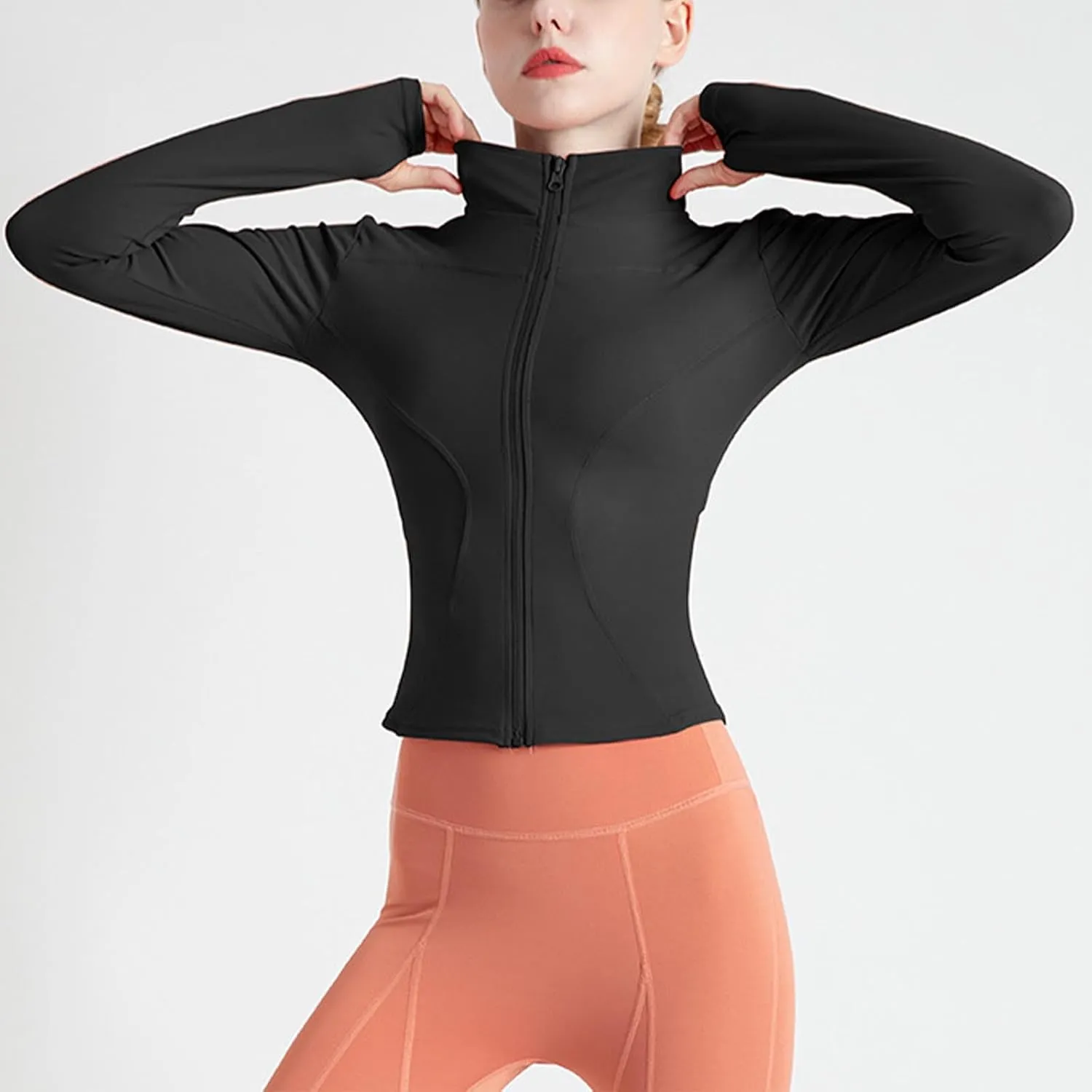 Womens Workout Shirts Long Sleeve Quick Dry Yoga Tops Running Breathable Athletic Slim Fit Solid Color Zip Outfits